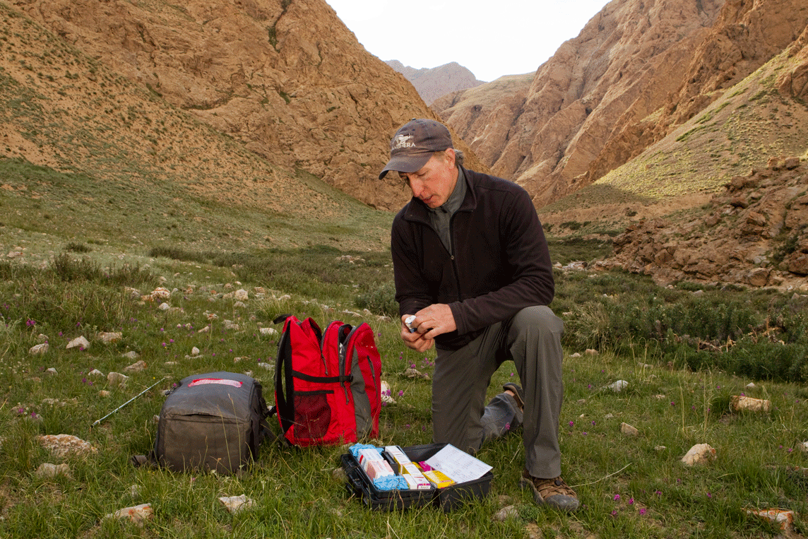 Dr. John Ochsenreiter shows off his vet kit that includes all the tools we need for F3’s assessment.